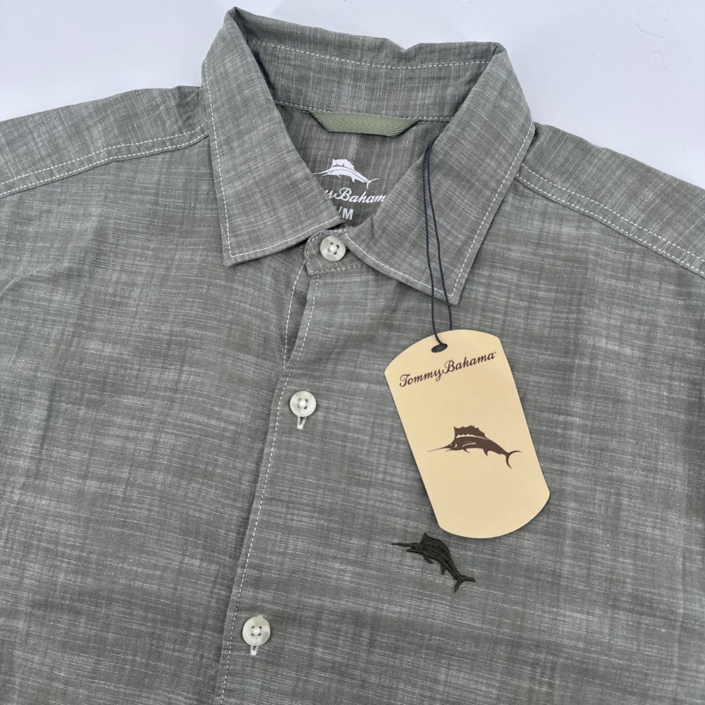 Tommy Bahama Button Up Shirt Mens Medium Grey Cotton Short Sleeve Tea Leaf